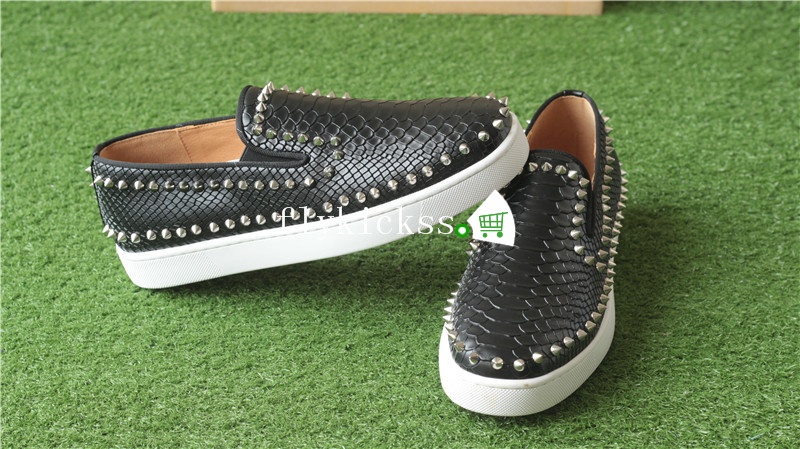 Christian Louboutin Low Spikes Python Leather Pik Boat Flat Black Casual Shoes White Rivets